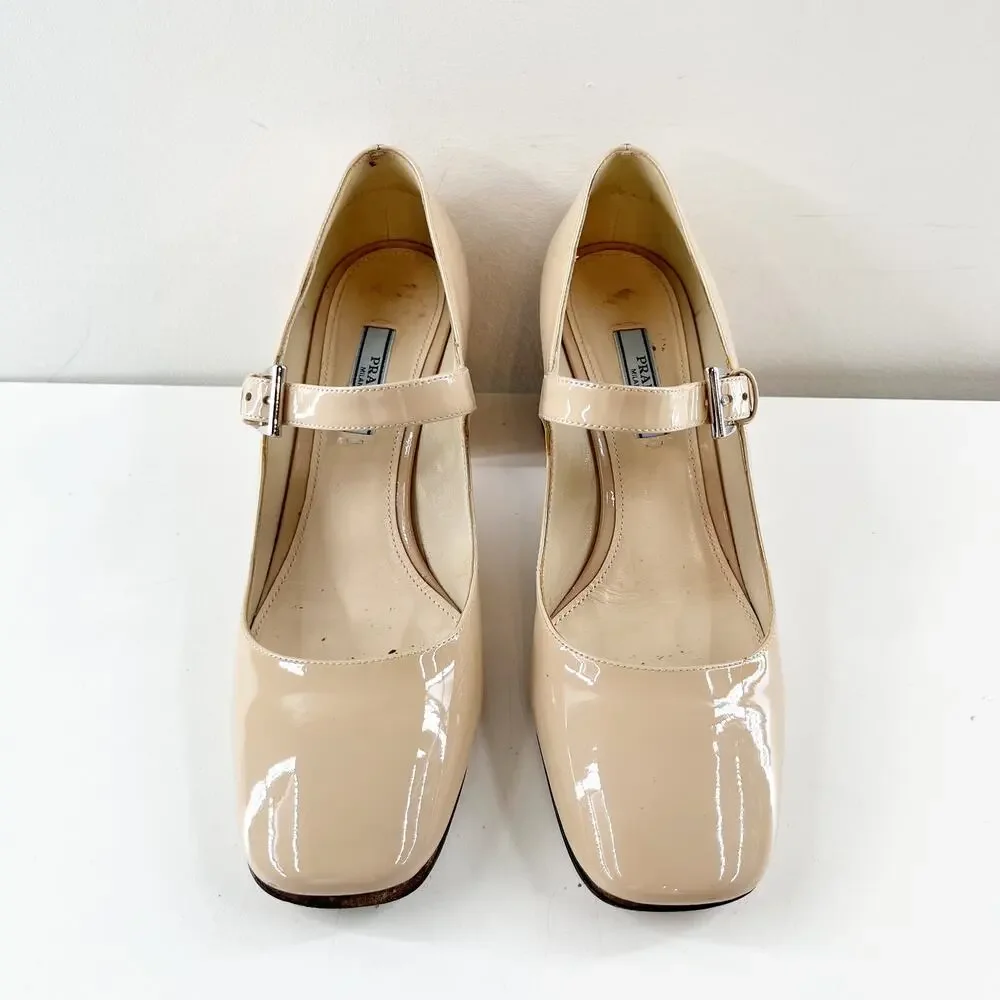 Prada Patent Leather Block Heel Square Toe Mary Jane Pumps Shoes Nude 38.5